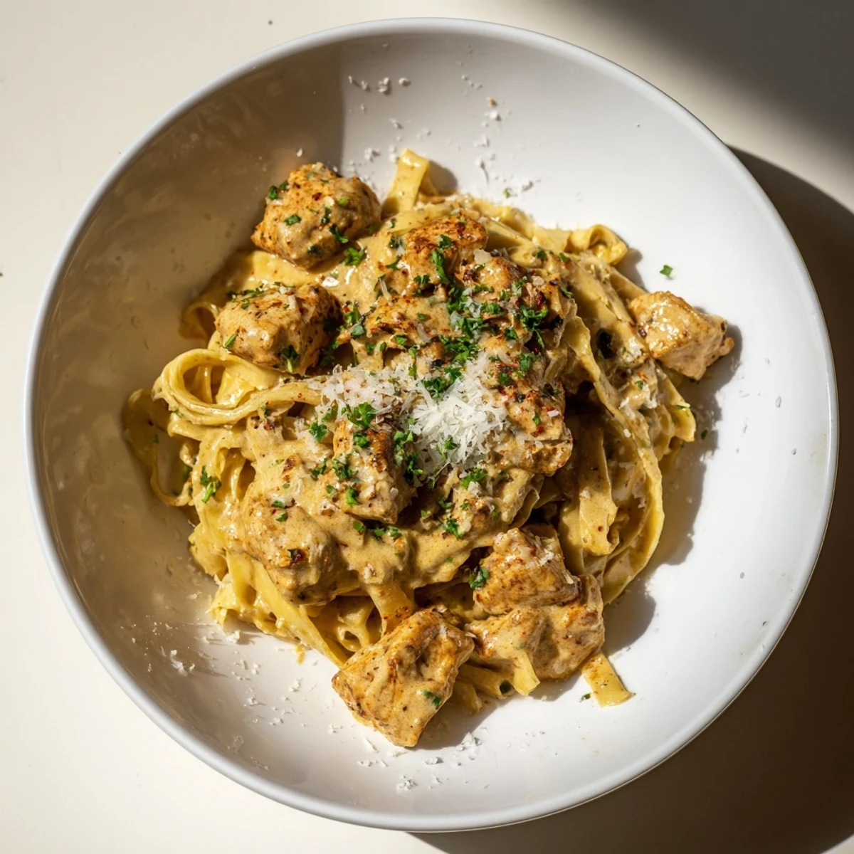 A bowl of Cowboy Butter Chicken Pasta looks delicious, with zesty seasoning and a creamy sauce perfect for a comforting meal.