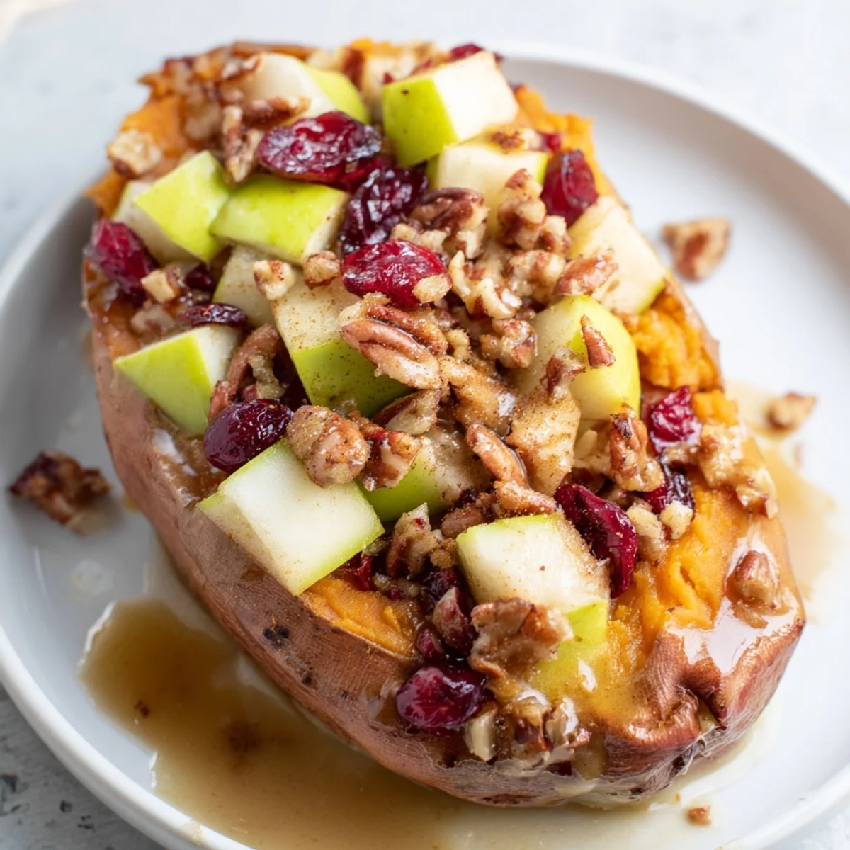 A close-up of vibrant Cranberry Apple Twice-Baked Sweet Potatoes, bursting with sweet and spiced flavors.