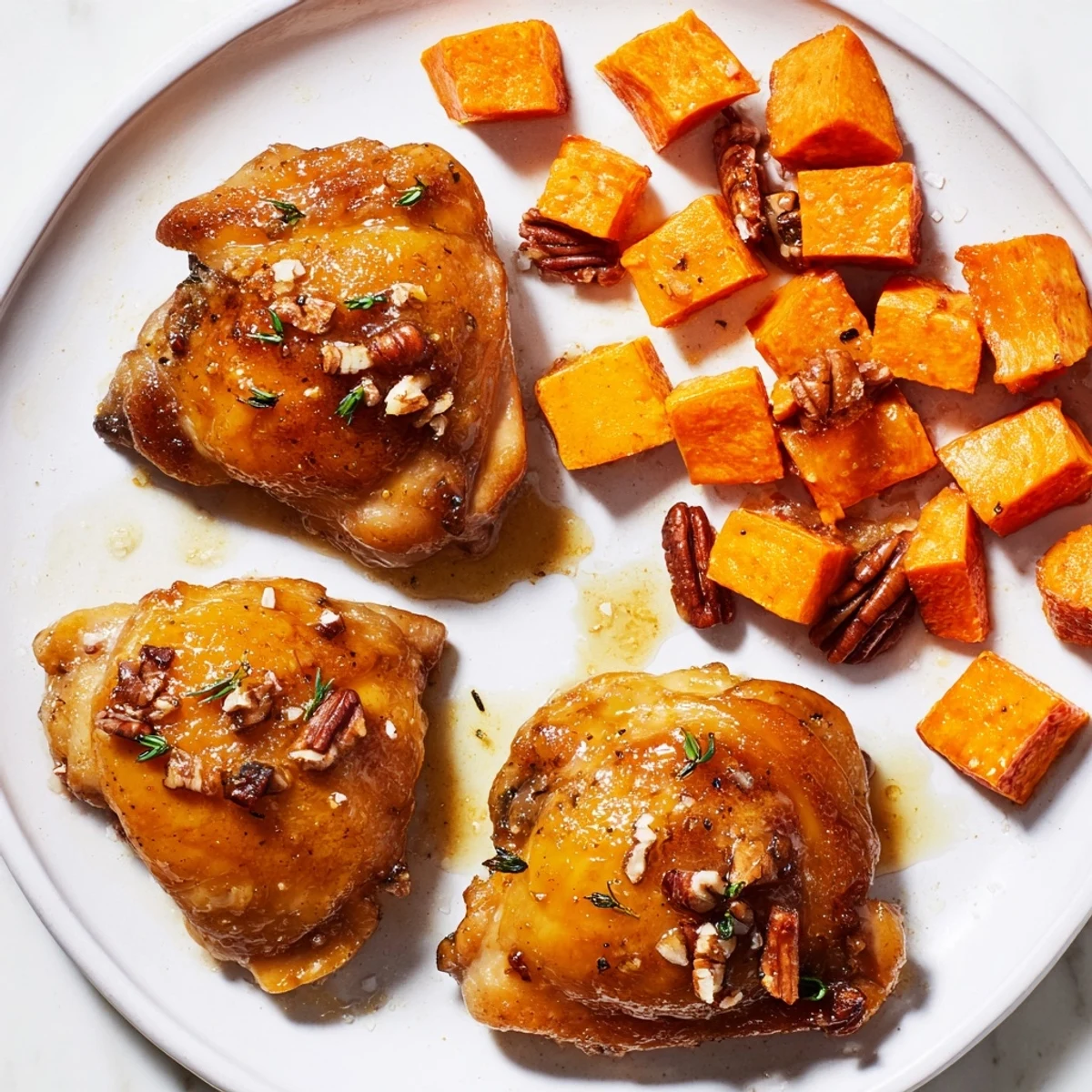 Golden and juicy maple glazed chicken, served with tender, caramelized sweet potatoes for a flavorful dinner.