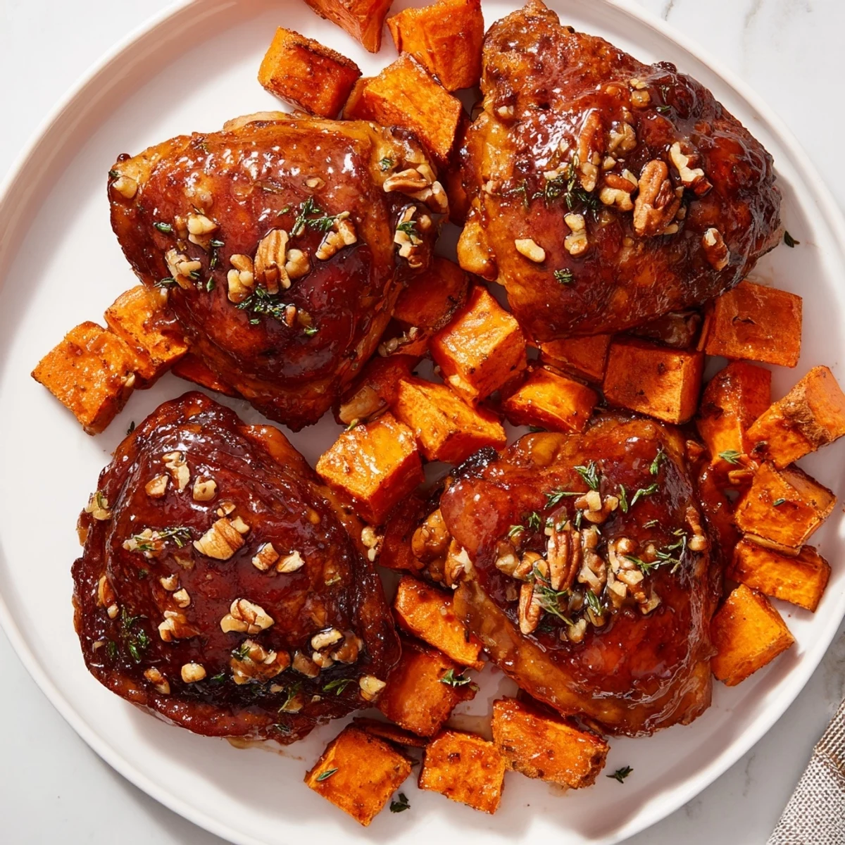 Perfectly roasted maple glazed chicken thighs, glistening with a rich glaze alongside sweet potato cubes.