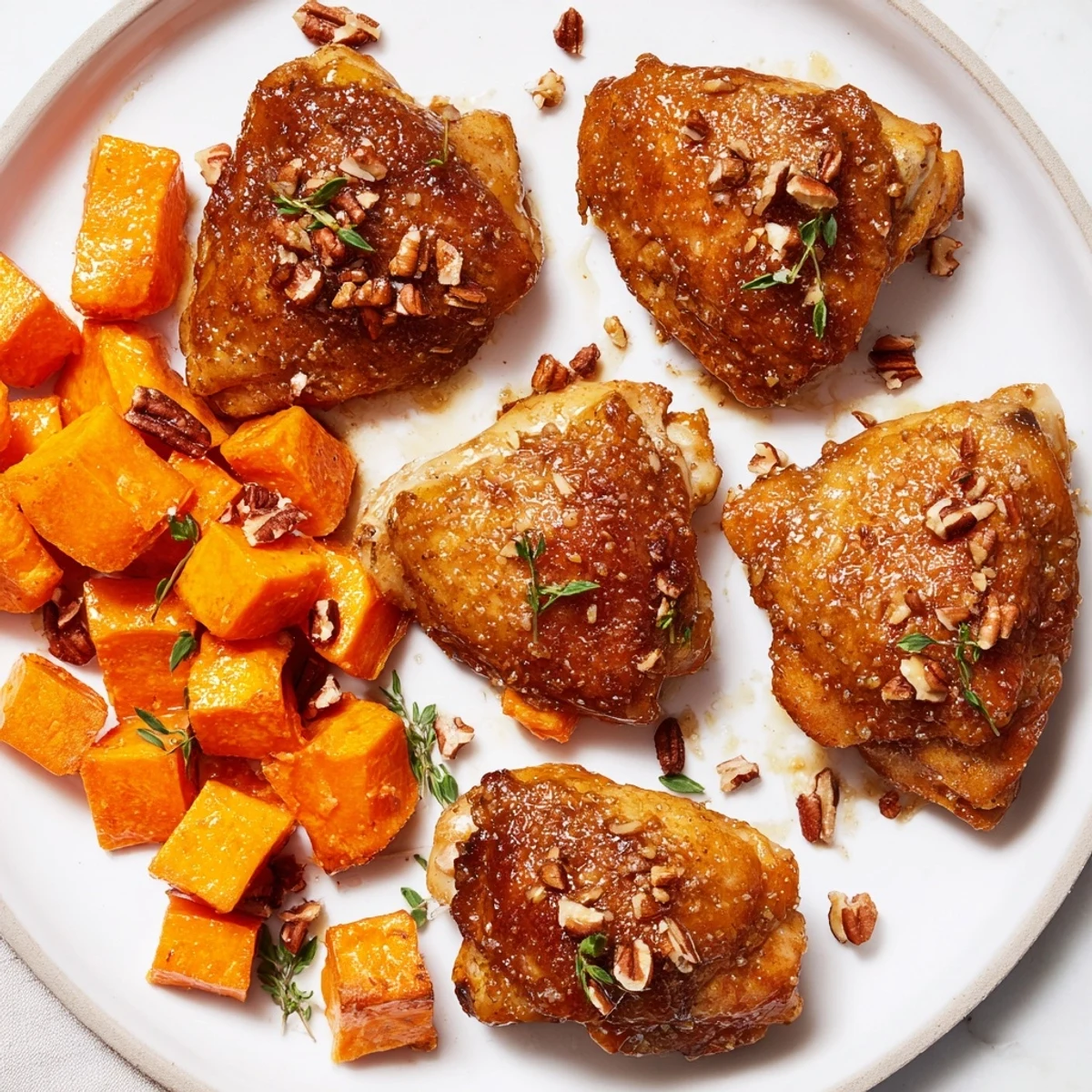 Savory and sweet: Close-up of a warmly plated maple glazed chicken with herbs and roasted sweet potatoes.