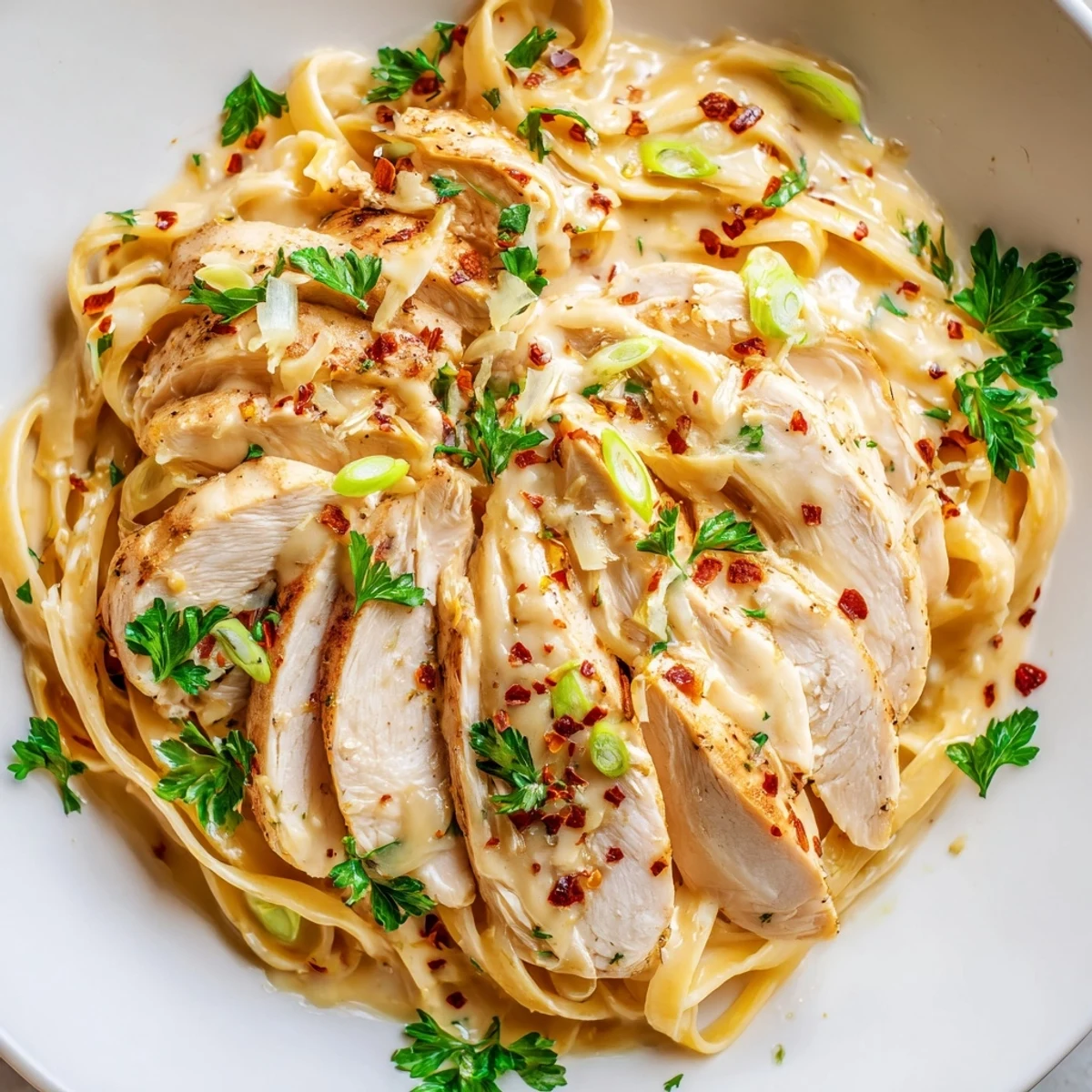 Southern Style Creamy Parmesan Chicken Pasta showcasing golden chicken over creamy pasta and garnishes.