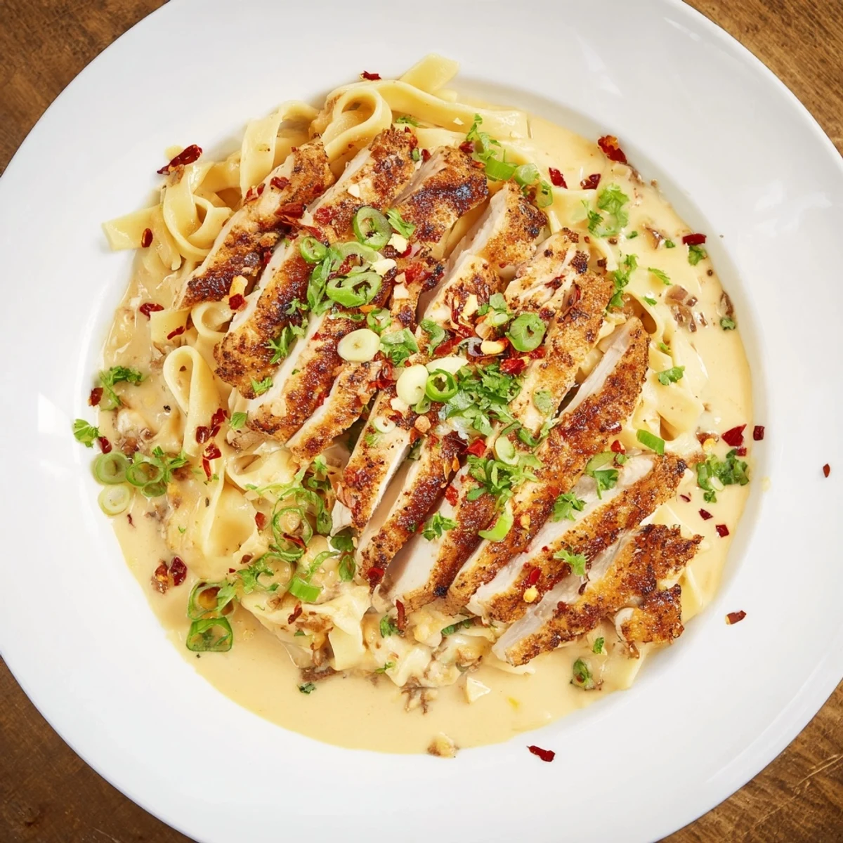 Picture creamy, cheesy Southern Style Creamy Parmesan Chicken Pasta with tender chicken strips ready to eat.