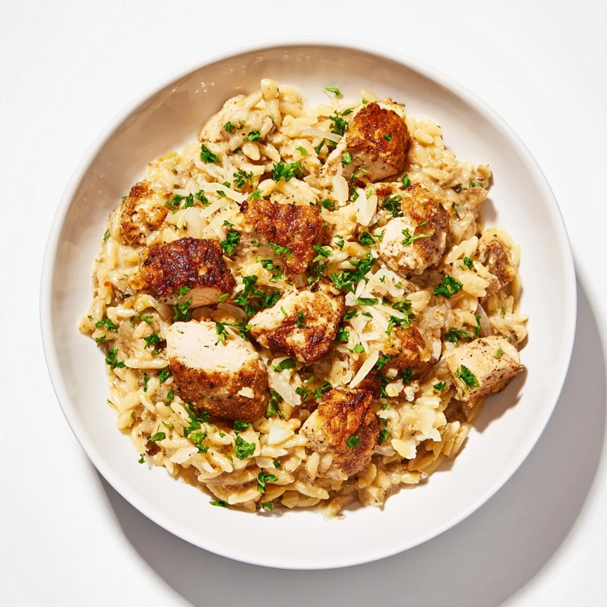 A vibrant photo showcases the rich flavors of this delicious Cajun Chicken Alfredo Orzo dinner.