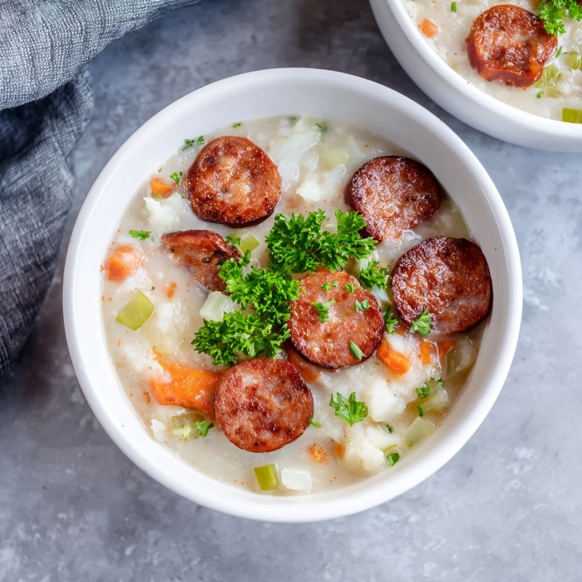 Creamy Chorizo Potato Soup: steaming bowl filled with rustic potatoes and flavorful chorizo, garnished with parsley.