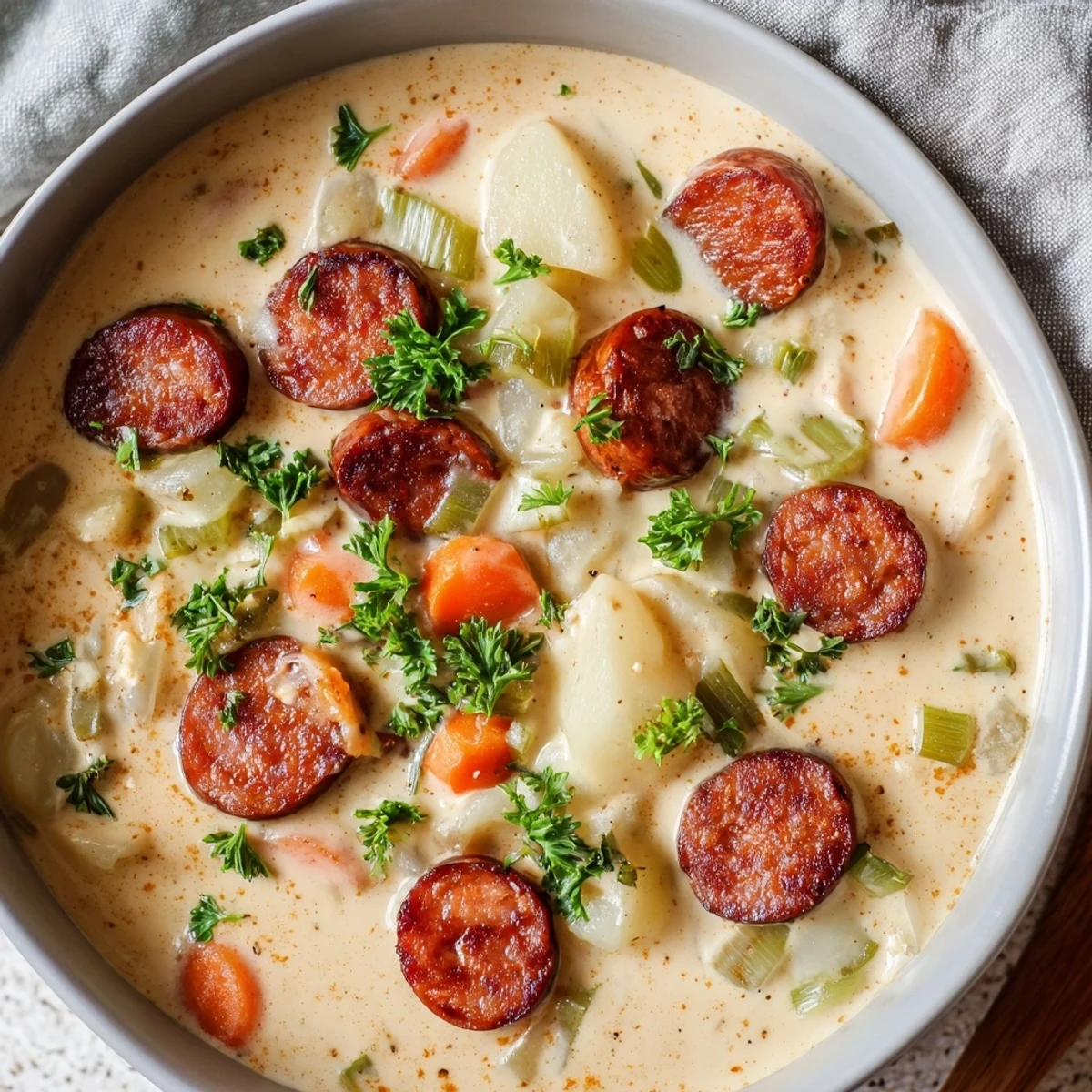 A close-up shot of Creamy Chorizo Potato Soup, showcasing the vibrant colors and hearty, chunky ingredients.