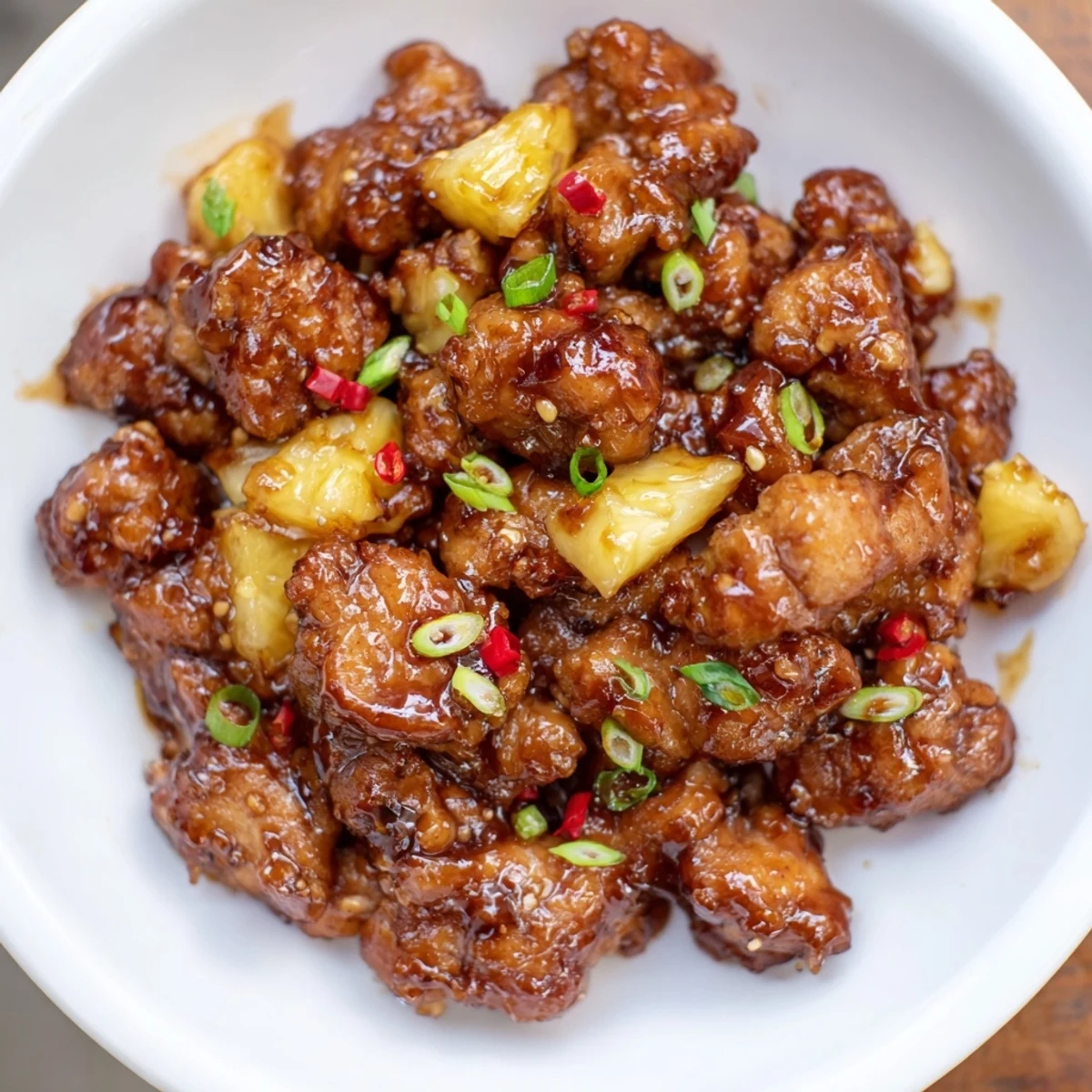A glistening dish of Brown Sugar Pineapple Chicken, with tender chicken and sticky glaze.