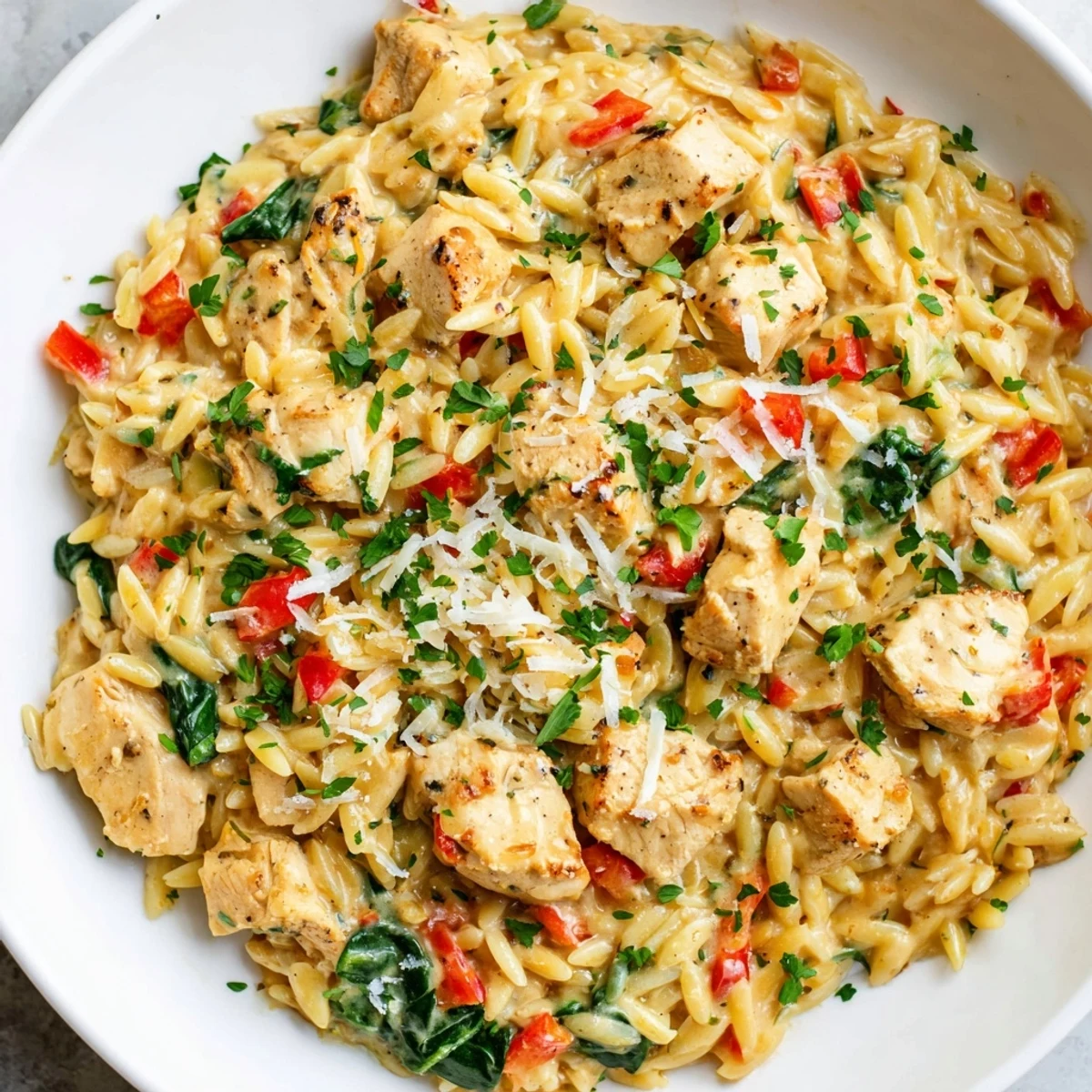 Tender bites of Cajun Chicken Alfredo Orzo, a creamy one-pot delight garnished with fresh parsley.
