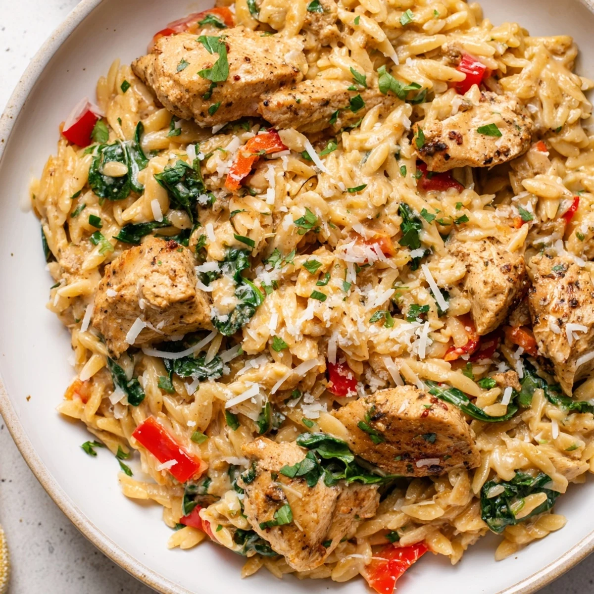 This photo shows the finished, steaming One-Pot Cajun Chicken Alfredo Orzo dish, ready to eat.