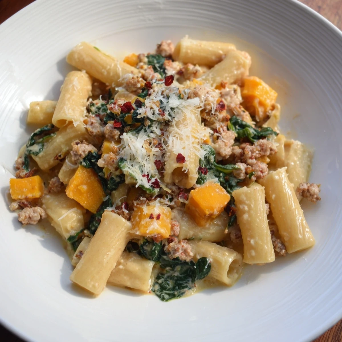Bright image of Creamy Rigatoni with Butternut Squash, garnished with Parmesan, inviting you to enjoy this meal.