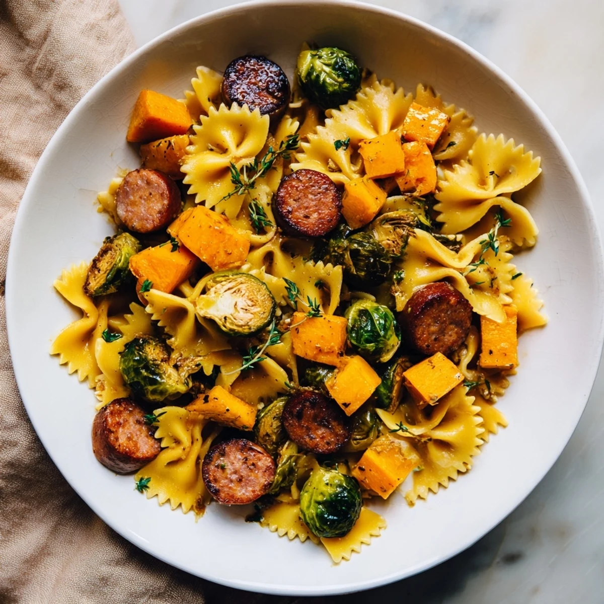 Fragrant garlic butter coats this autumn sausage pasta squash, a colorful and comforting fall dinner.