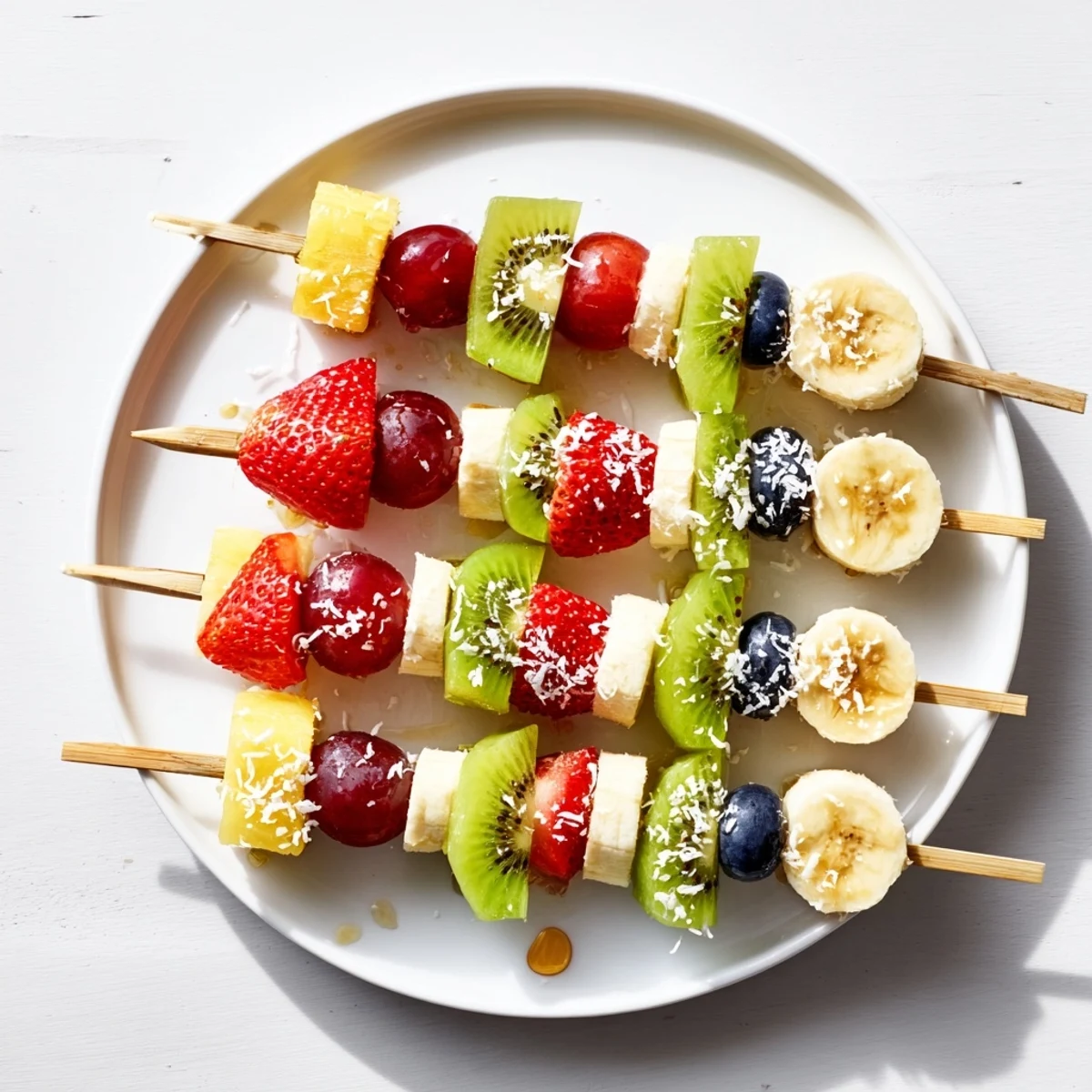 Festive fruit kabobs arranged on a platter, showcasing a vibrant array of fresh, colorful fruit pieces.