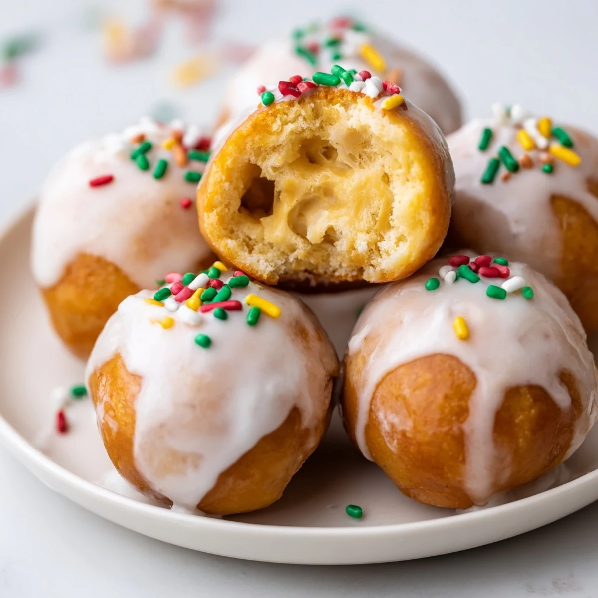 Quick Christmas Biscuit Bombs, fresh from the oven, offer a sweet, warm spiced cream cheese filling and glaze.