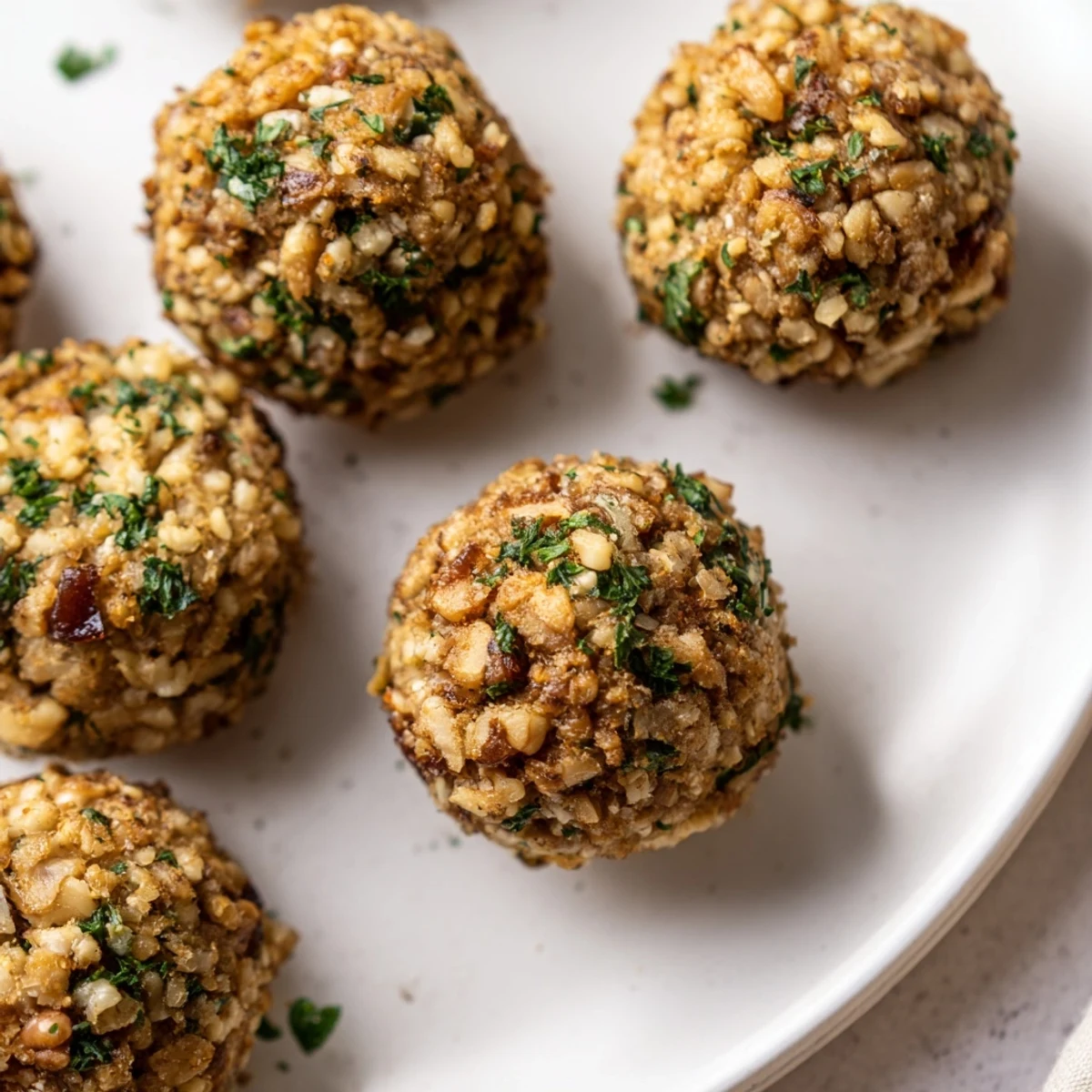 Hot, flavorful Quick Christmas Stuffing Balls, ready to serve with warm gravy on a festive table.