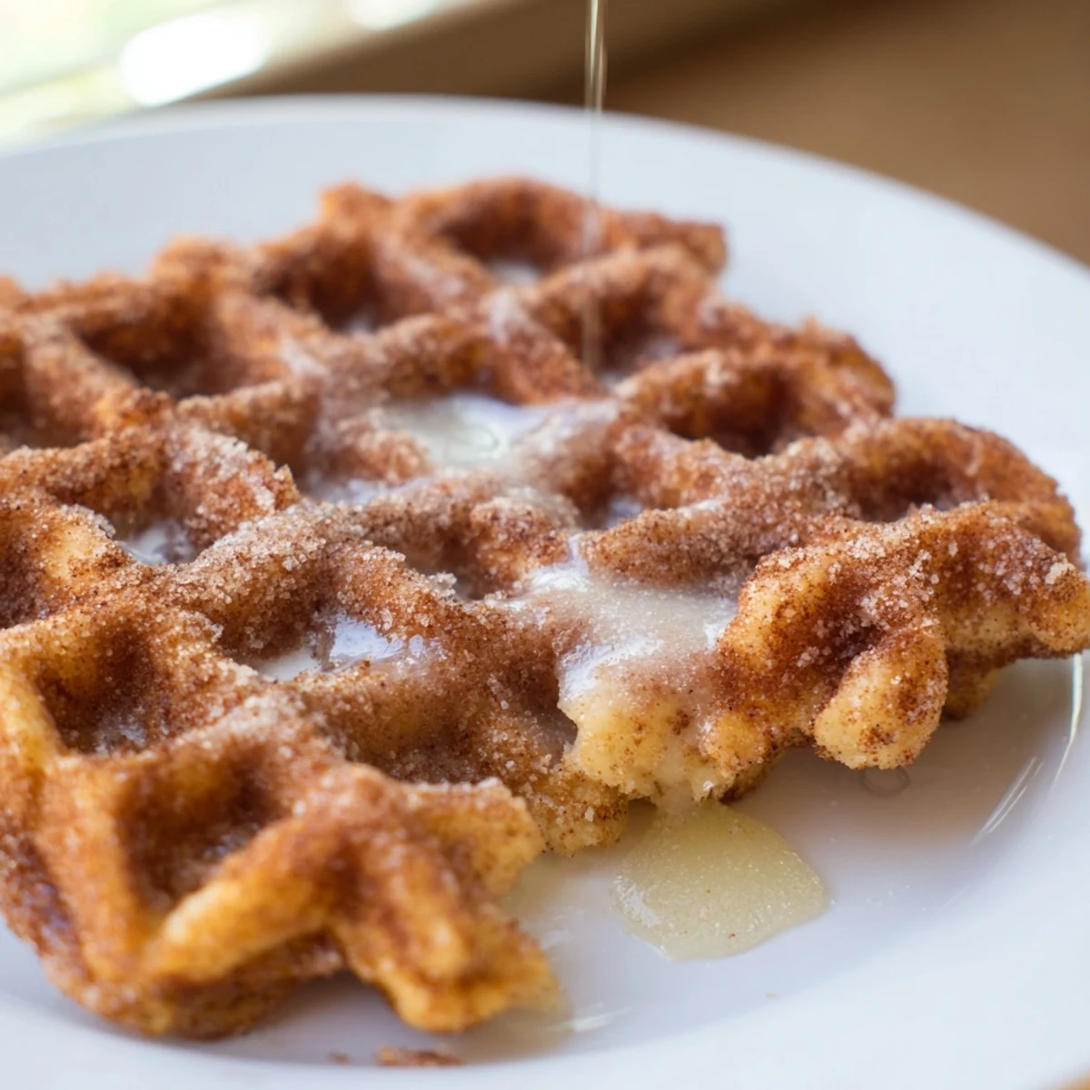 Golden Express Cinnamon Sugar Churro Waffles, coated in cinnamon sugar, ready to be enjoyed as a sweet breakfast.