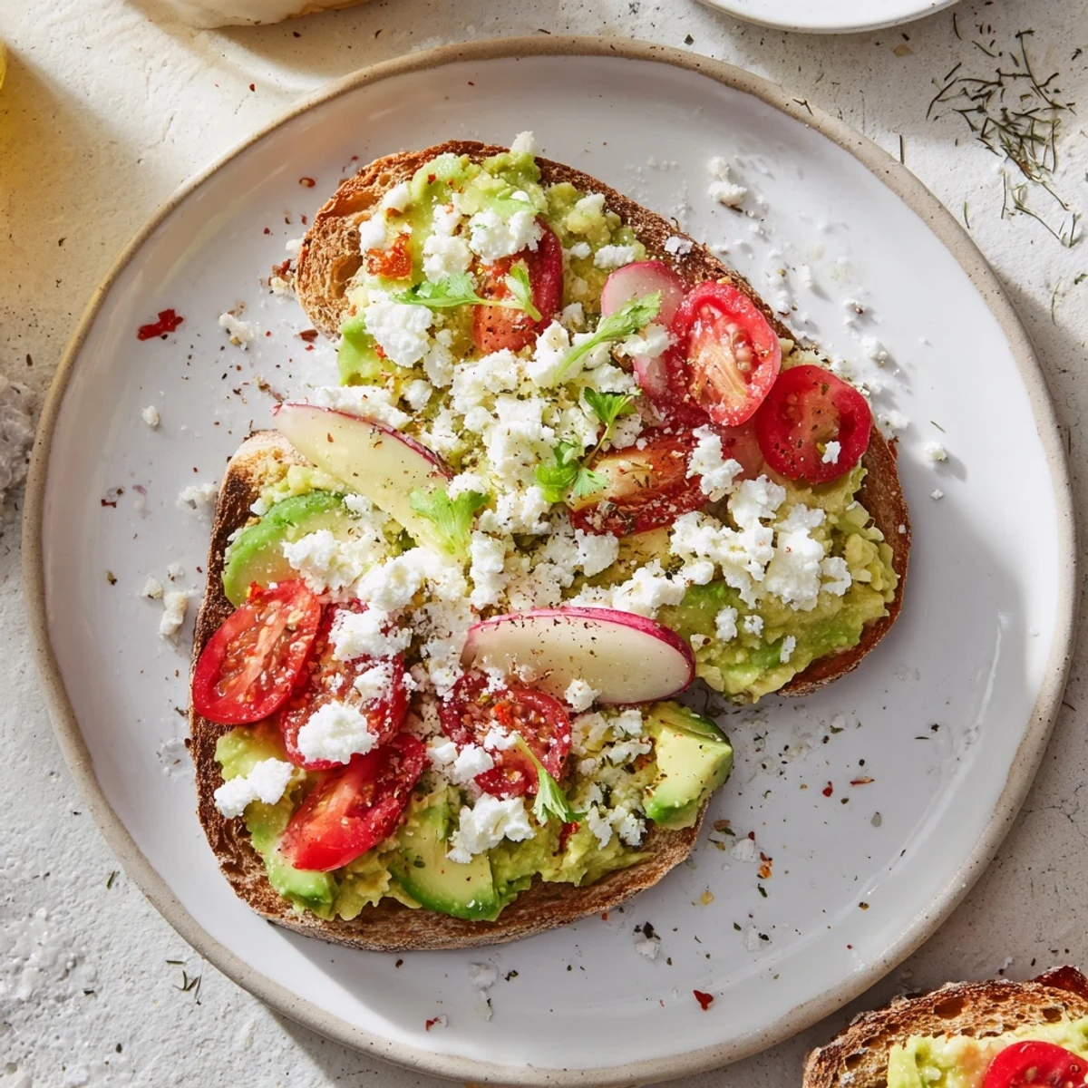 Freshly toasted bread topped with mashed avocado and various festive, delicious Express Holiday Avocado Toast Bar ingredients.