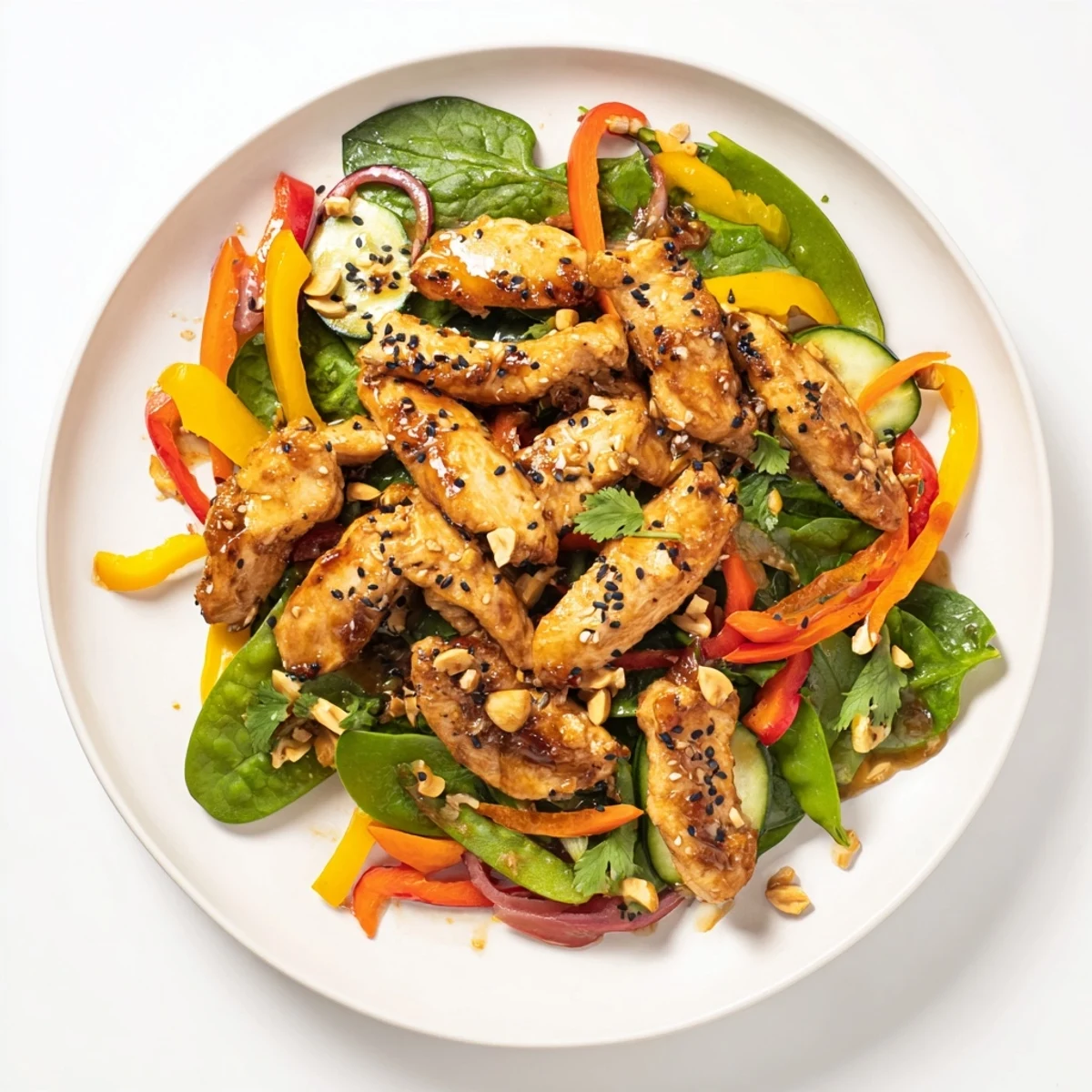 Sizzling high-protein chicken stir-fry salad bowl, full of colorful vegetables and a savory sesame dressing.