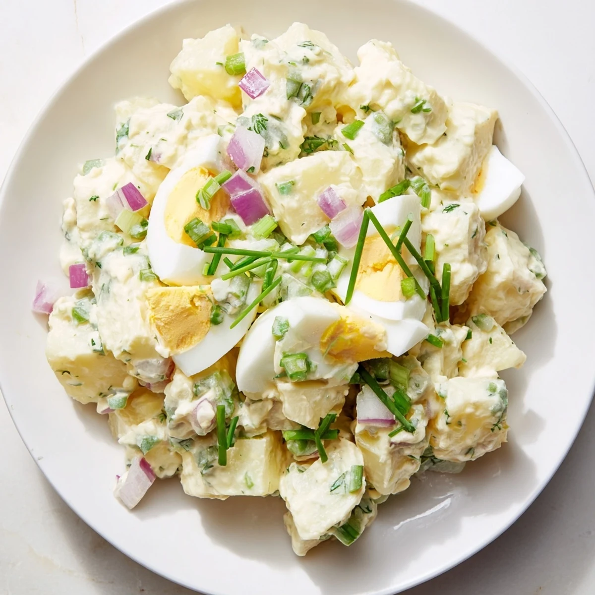This hearty bowl of chopped egg and potato salad includes tender potatoes, fresh herbs, and a tangy mayonnaise dressing.