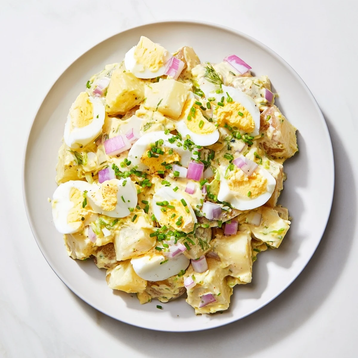 Chopped egg and potato salad, perfectly chilled, features creamy dressing and colorful vegetables, ready to eat.