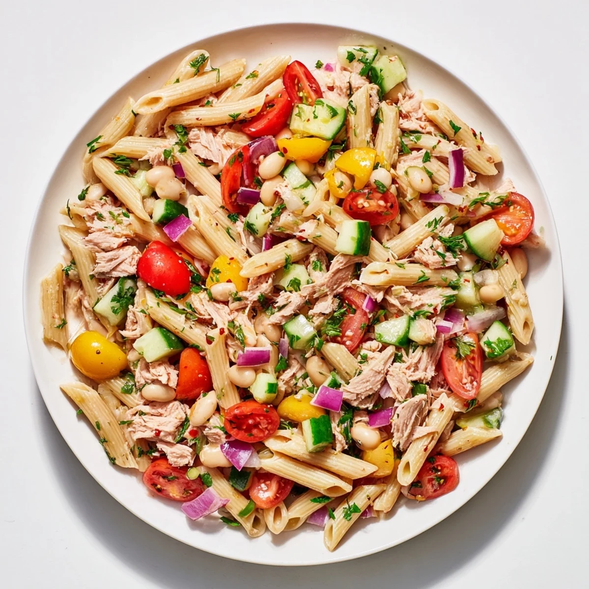 Flaky tuna and white beans mingle in this vibrant Spicy Tuna and White Bean Pasta Salad.