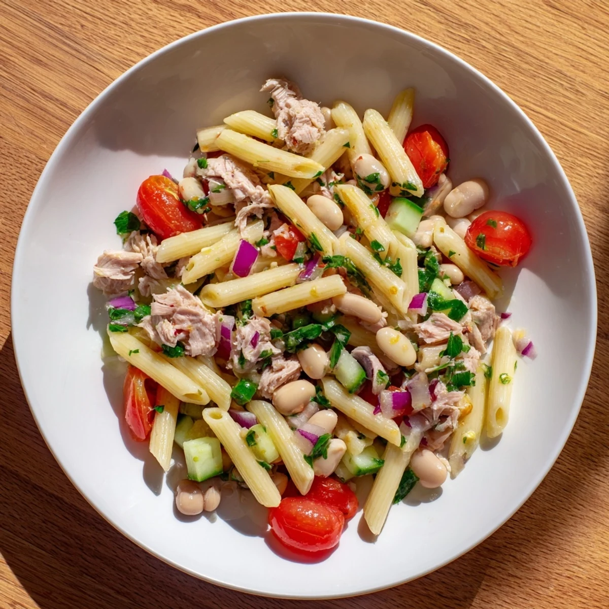 A visually appealing close-up: homemade Spicy Tuna and White Bean Pasta Salad ready to serve.