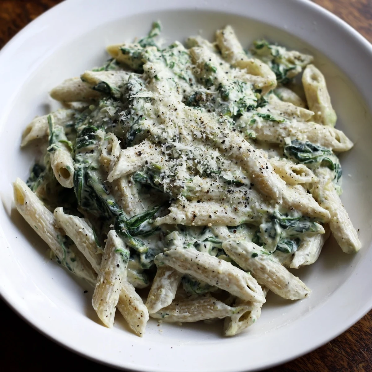 Creamy Cottage Cheese Spinach Pasta, ready to serve with Parmesan and fresh basil, looks so delicious.