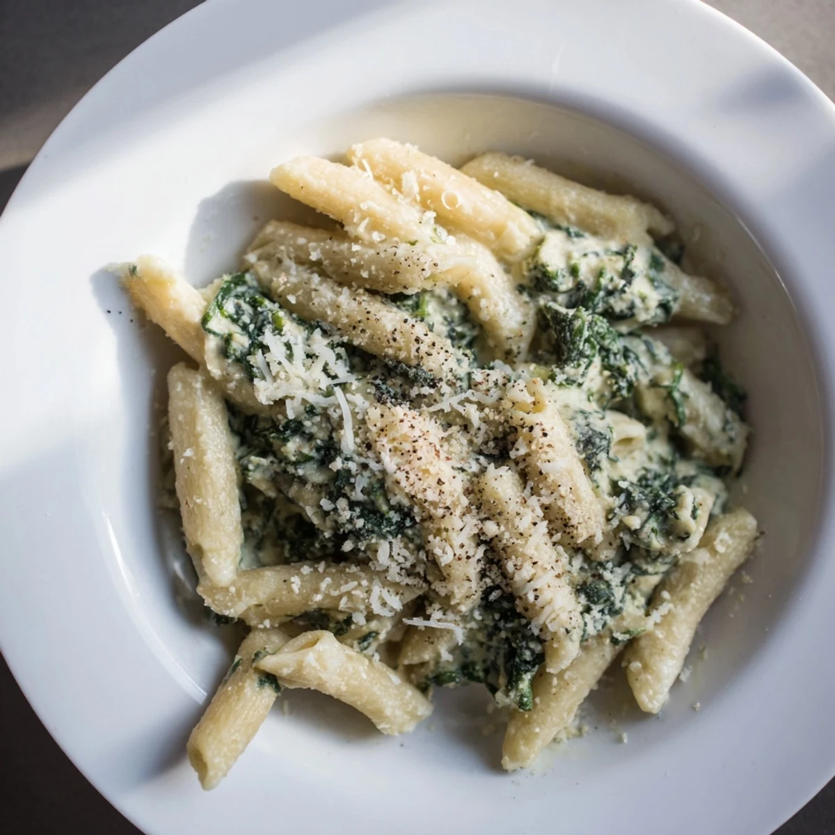 A generous serving of Cottage Cheese Creamy Spinach Pasta, creamy and green, ready for a comforting dinner.