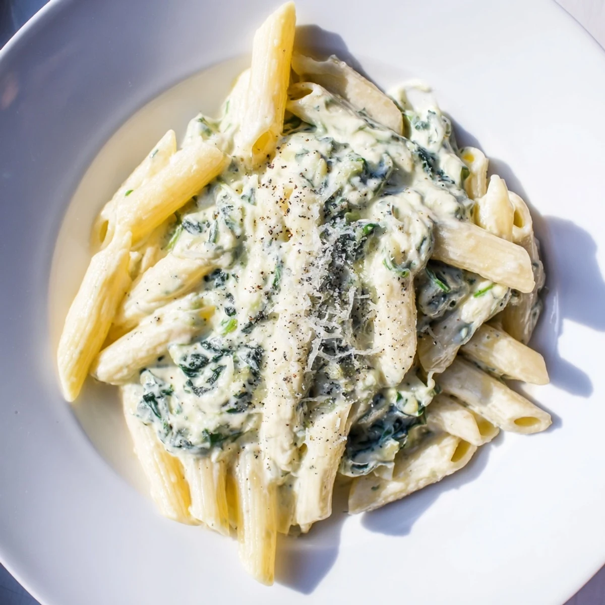 Tender pasta coated in vibrant, flavorful Cottage Cheese Creamy Spinach sauce, perfect for a vegetarian meal.