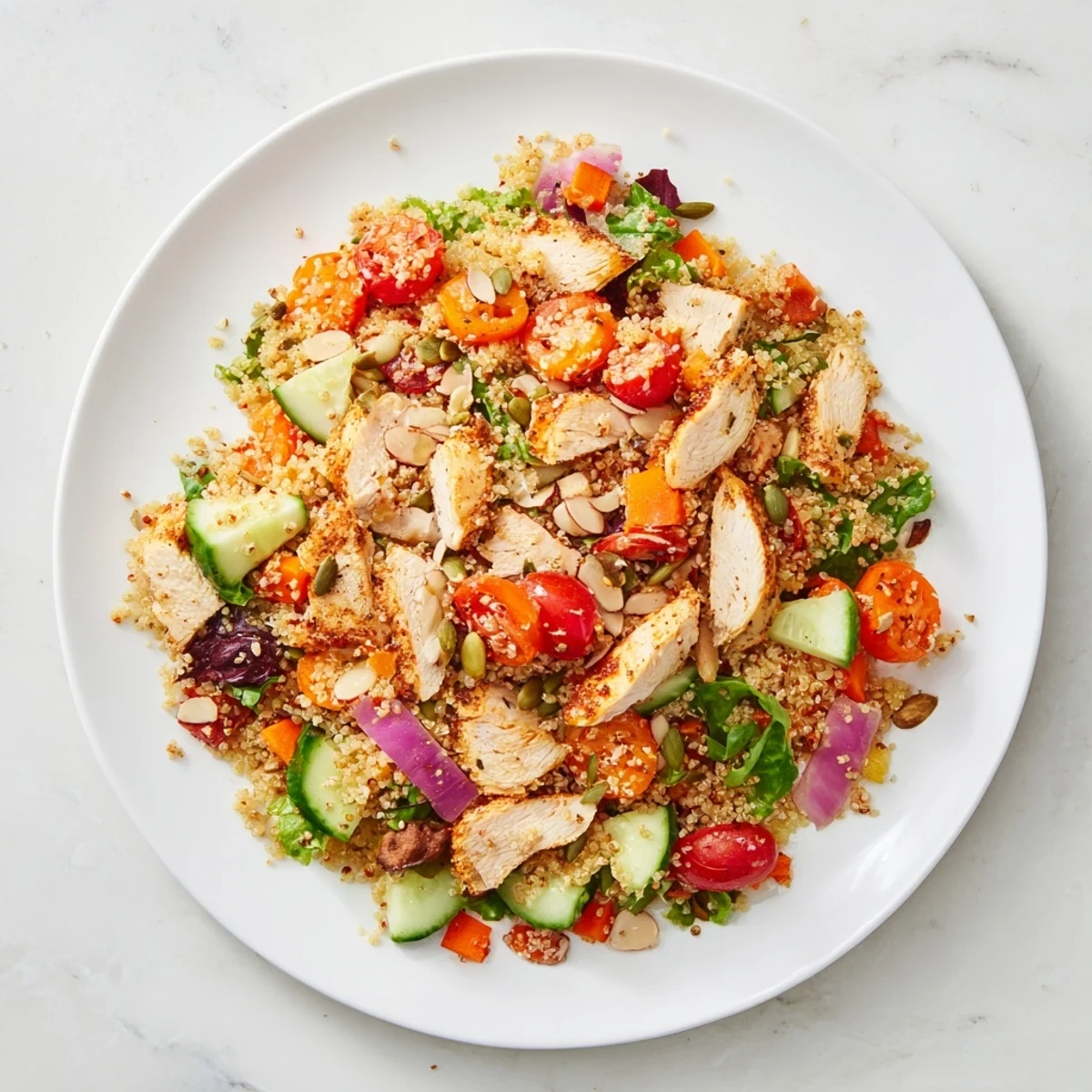 Golden-brown Crunchy Quinoa Chicken Salad, bursting with fresh veggies and a zesty lemon dressing.