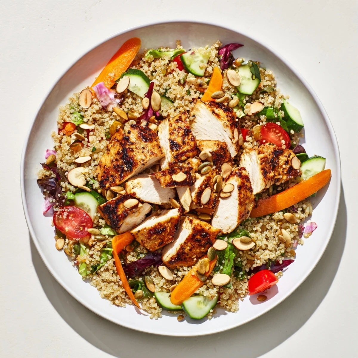 Freshly tossed Crunchy Quinoa Chicken Salad, featuring diced chicken, and colorful bell peppers.
