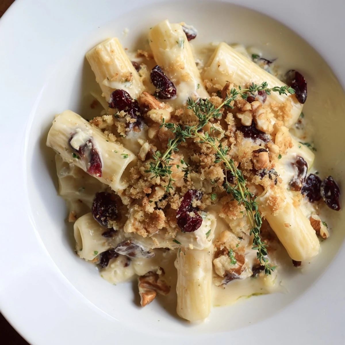 Cranberry and Brie Tartlet Pasta: A close-up shot of creamy pasta topped with golden breadcrumbs and cranberries.