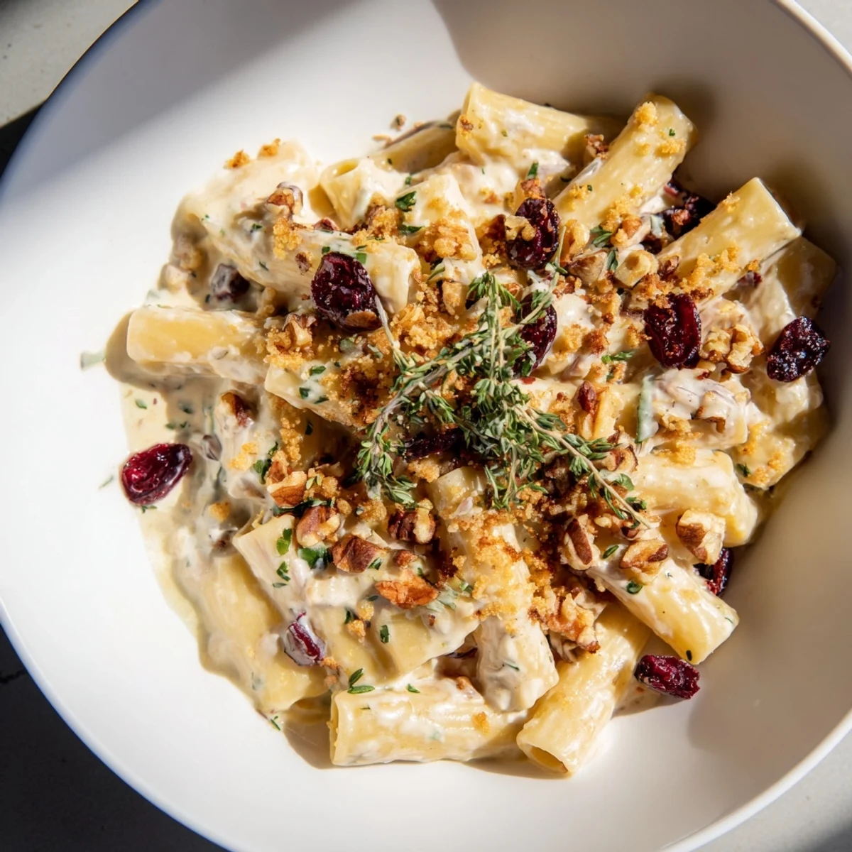 Imagine warm, cheesy Cranberry and Brie Tartlet Pasta, garnished with fresh herbs and ready to serve.