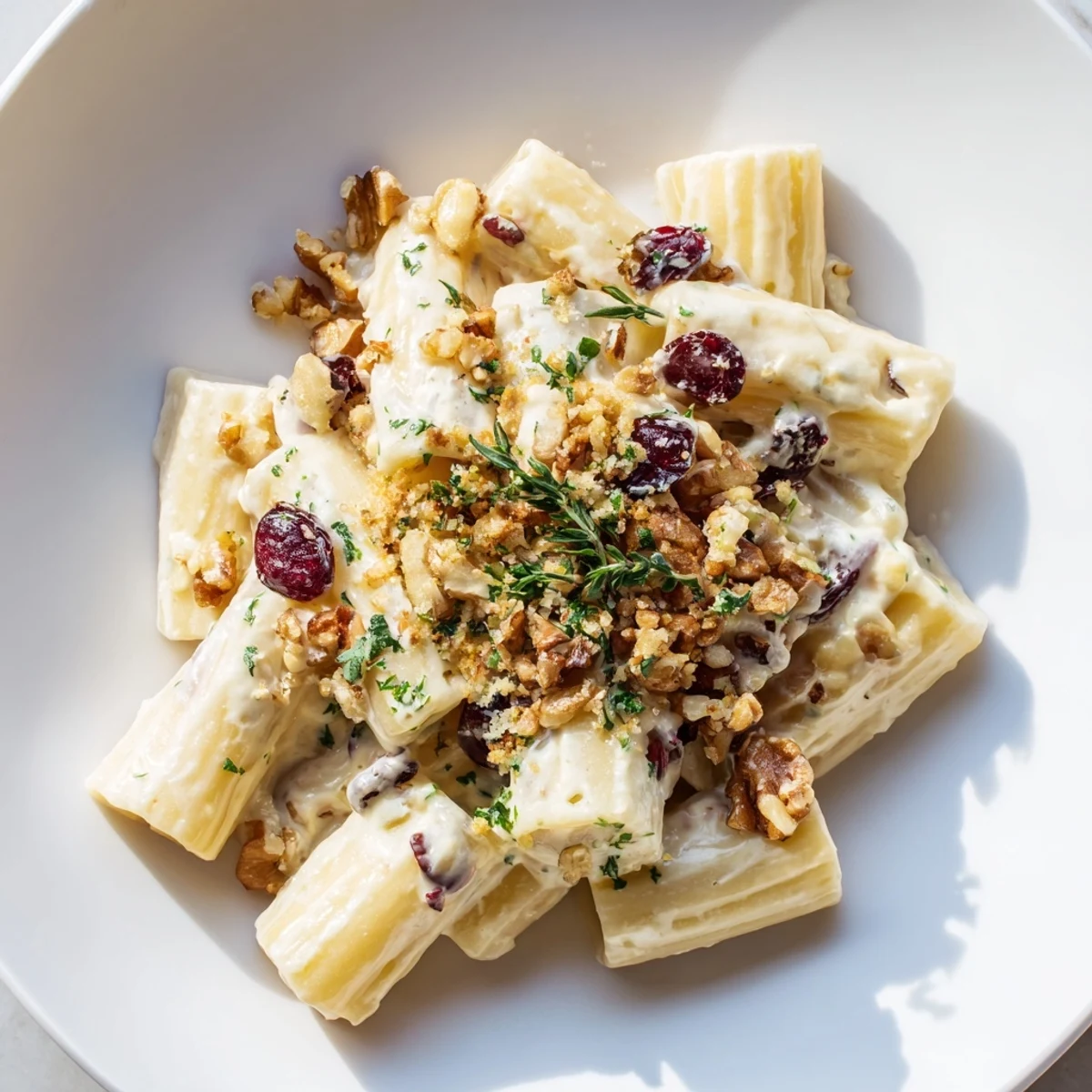 This Cranberry and Brie Tartlet Pasta features a rich, cheesy sauce with visible cranberries and a crunchy crumb topping.