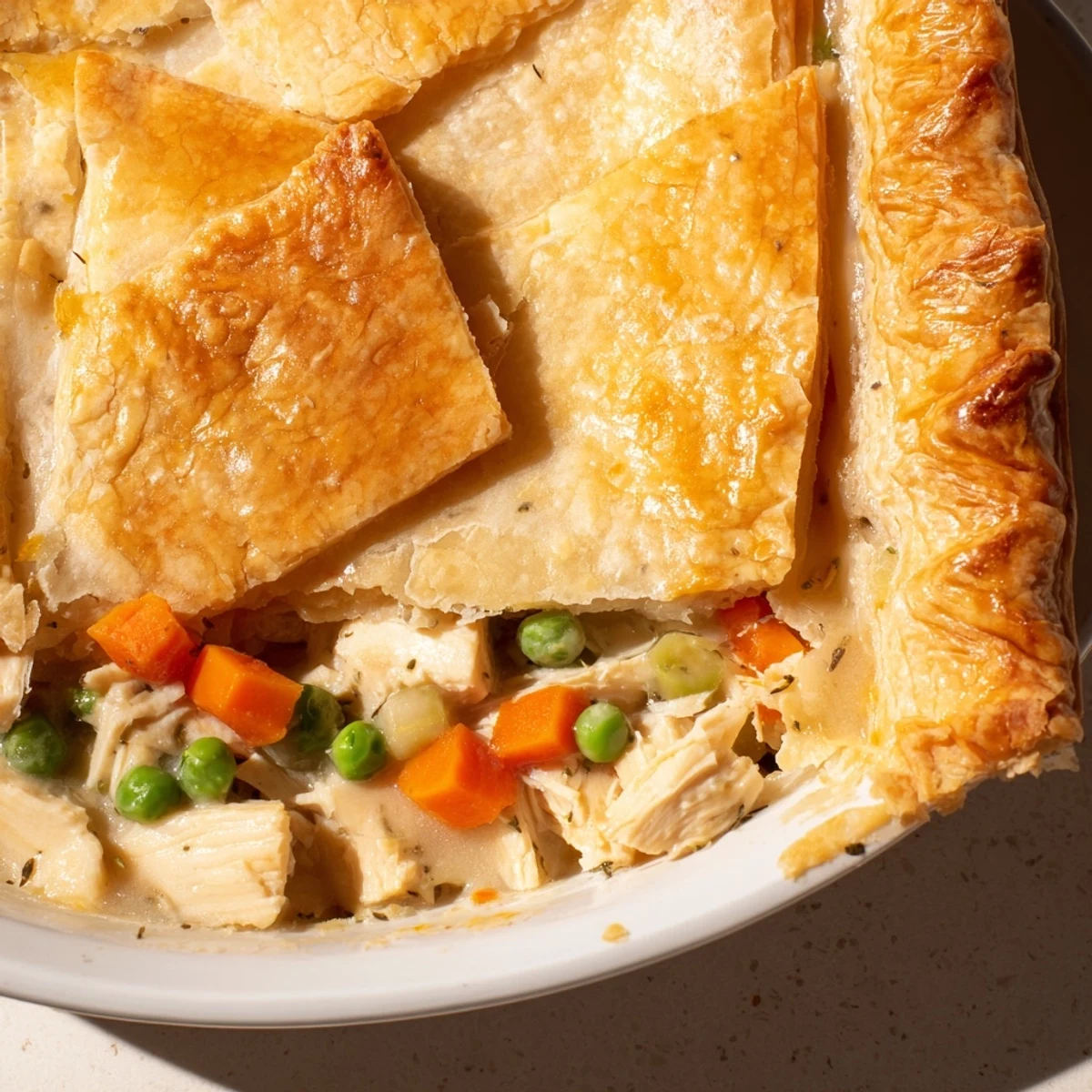 This close-up shows the warm, creamy interior of a freshly baked Marry Me Chicken Pot Pie with flaking pastry.