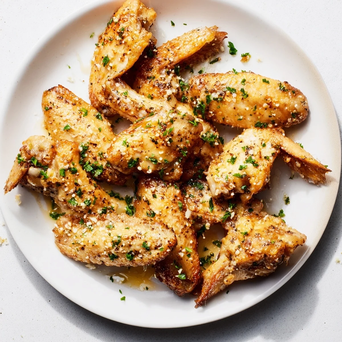 Golden brown air fryer garlic-Parmesan chicken wings, a crispy and flavorful appetizer ready to enjoy.