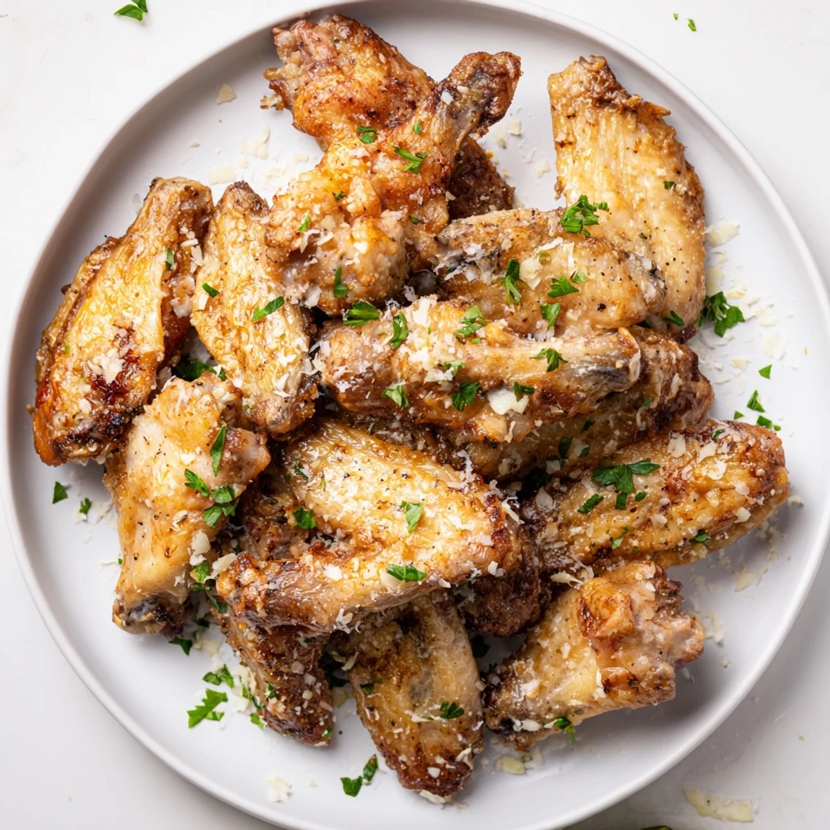 Close-up of air fryer garlic-Parmesan chicken wings, glistening with garlic butter and Parmesan cheese.
