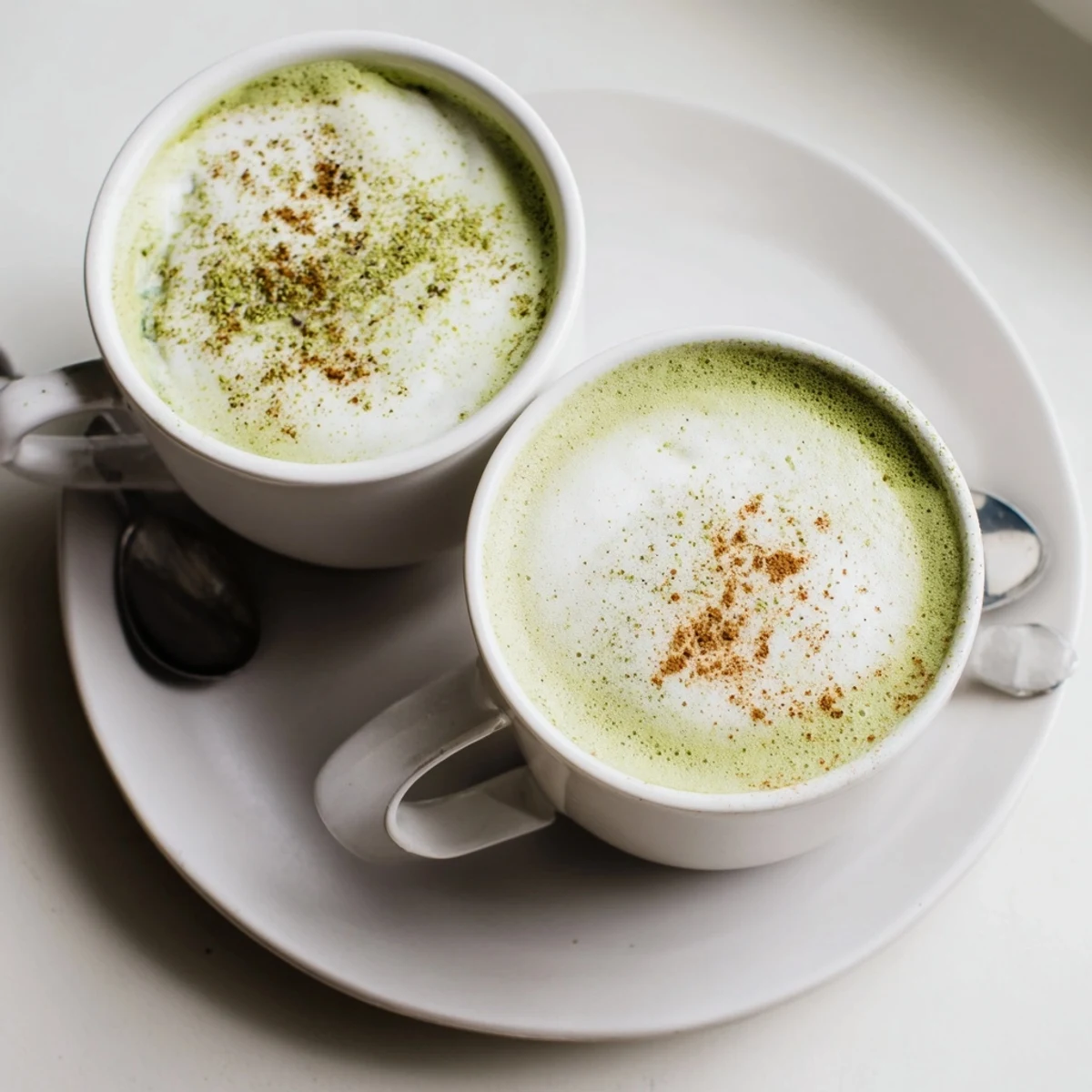 Steaming Cinnamon Maple Oat Milk Matcha Latte, a delicious dairy-free beverage for any time of day.