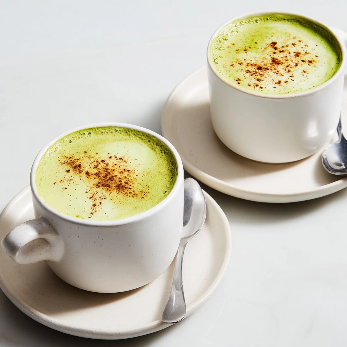 Creamy Cinnamon Maple Oat Milk Matcha Latte garnished with cinnamon, perfect for a cozy, comforting drink.