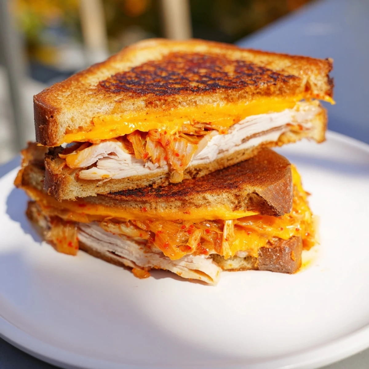 Golden-brown Kimchi Turkey & Cheddar Toasted Grilled Cheese, a melty, savory sandwich bursting with flavor.