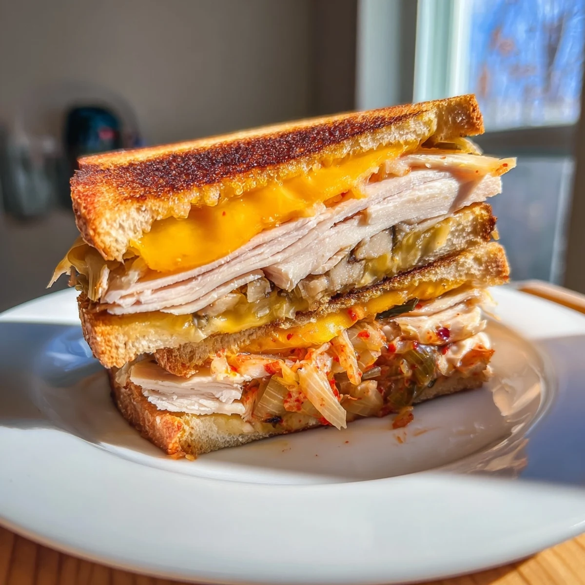Enjoy a close-up of a perfectly toasted Kimchi Turkey & Cheddar Grilled Cheese, ready to eat warm.