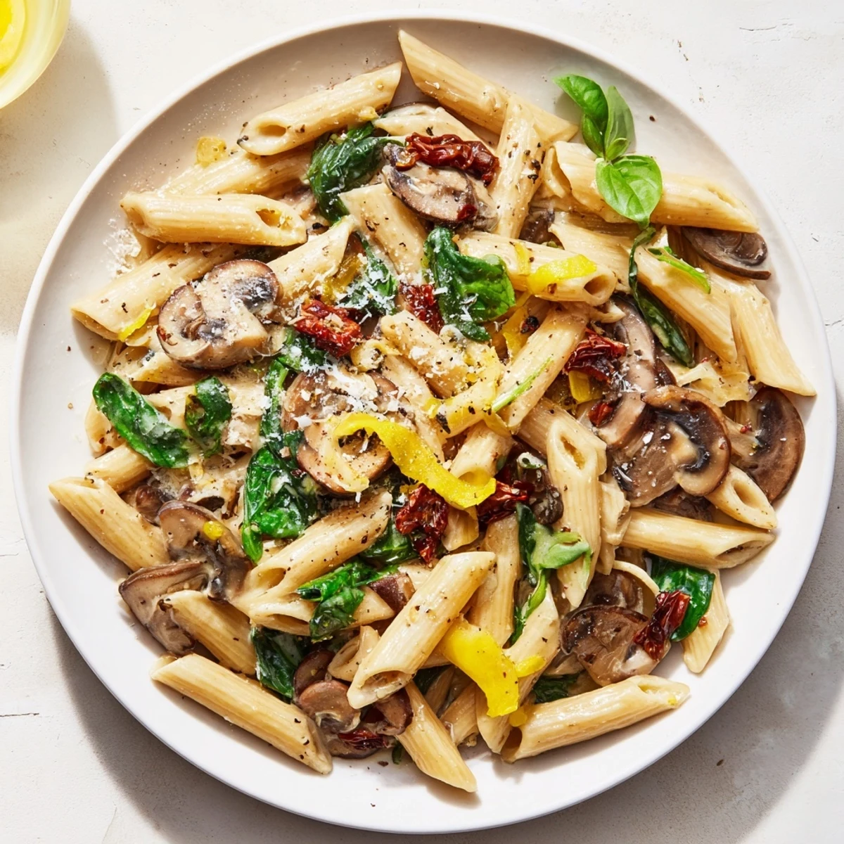 A warm bowl of creamy sun-dried tomato mushroom penne skillet, ready to serve with fragrant basil.