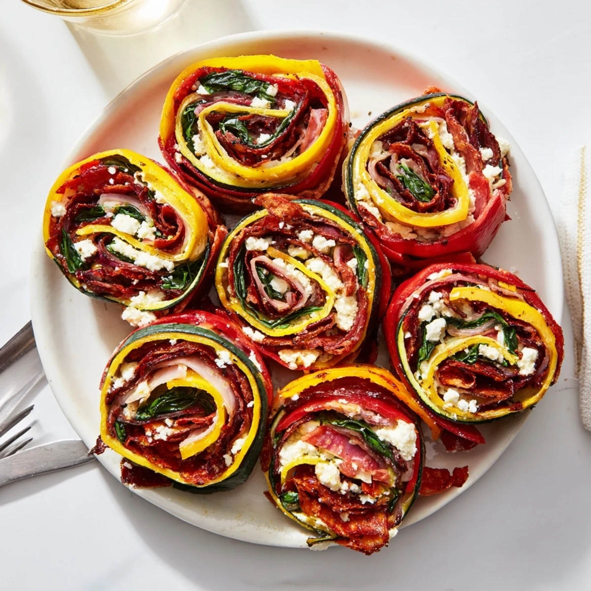 Close-up of a Roasted Veggie & Feta Santa Spiral Wrap, showcasing vibrant, Mediterranean fillings.