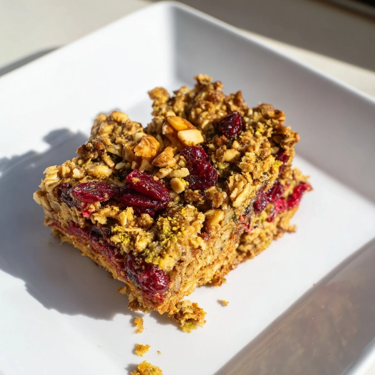 These homemade Matcha Cranberry Oat Crumble Bars show a close-up of the delicious oat topping and vibrant cranberries.