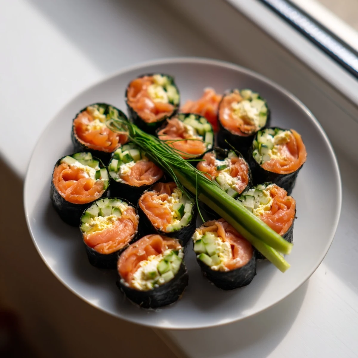 Vibrant High-Protein Sushi Wrap Smoked Salmon Holiday Roll showcasing beautifully layered smoked salmon and fresh vegetables.