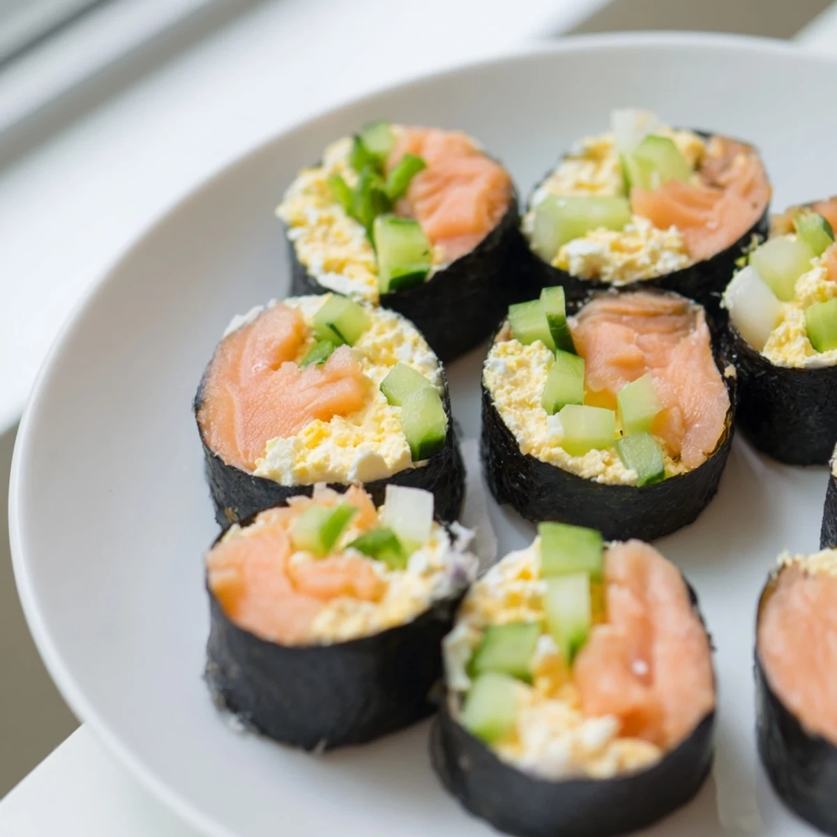 A cross-culture delight highlighting the stunning High-Protein Sushi Wrap Smoked Salmon Holiday Roll garnished with fresh dill.