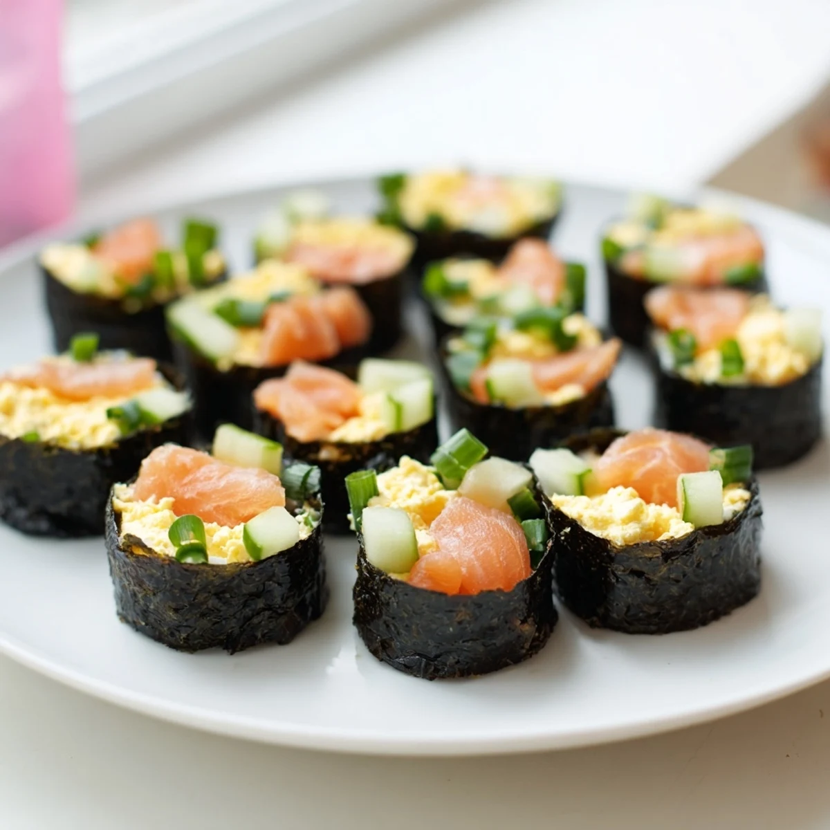 Imagine the texture: A delicious High-Protein Sushi Wrap Smoked Salmon Holiday Roll ready to dip in soy sauce.