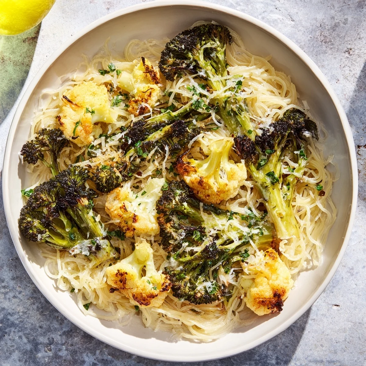 Tender broccoli and angel hair pasta bathed in a bright lemon sauce for this Roasted Garlic Lemon Pasta.