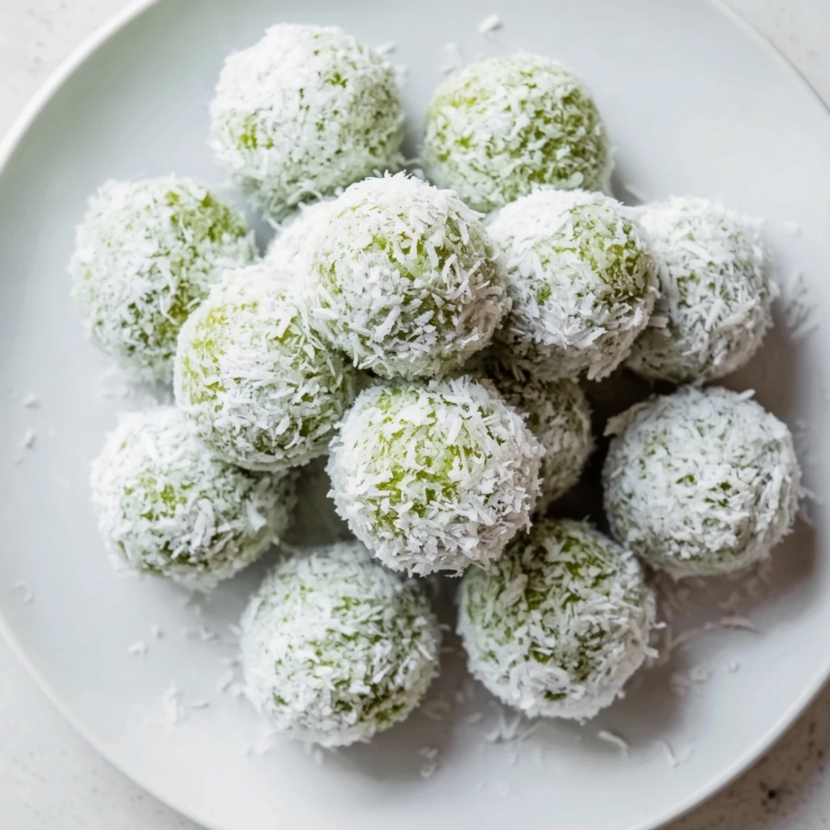 Creamy Coconut Matcha Snowball fat bombs covered in shredded coconut, ready to chill.