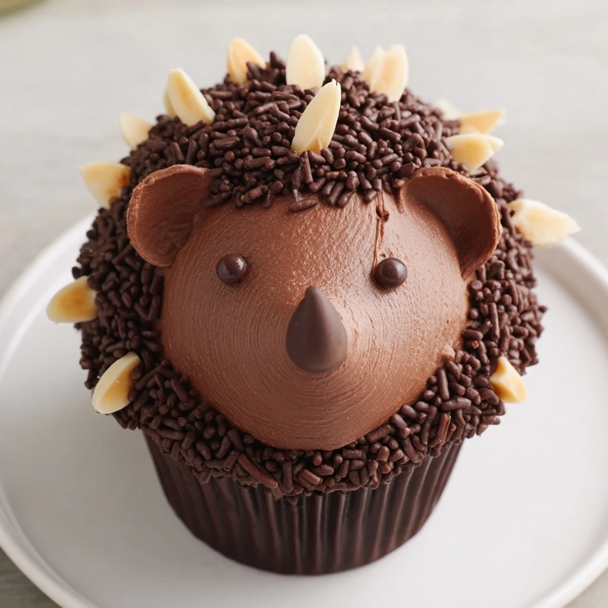 Frosty hedgehog cupcake tower, featuring a delightful arrangement of chocolate frosted cupcakes, ready to enjoy.