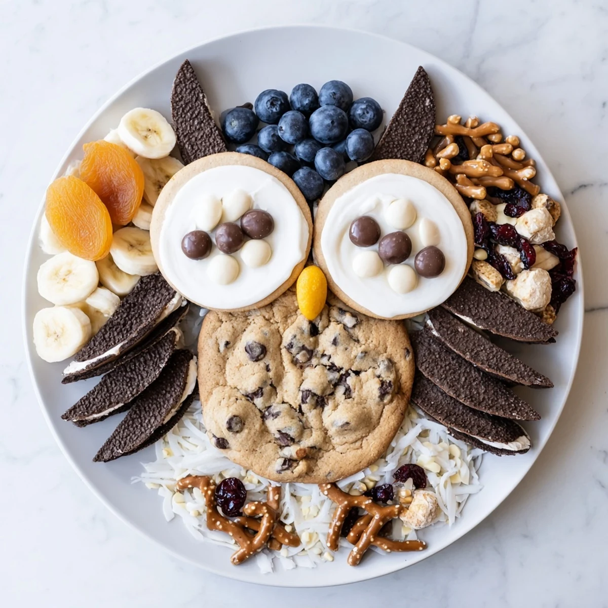 Owl Hooting Dessert Board with chocolate cookies, whipped cream and fruity accents, ready to enjoy.